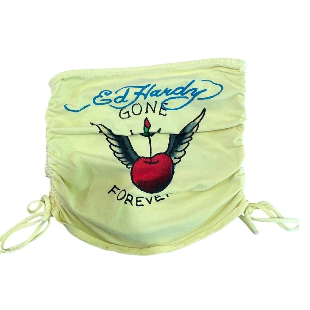 Ed Hardy Gone Forever Cherry Wings Ruched Tube Top Y2K Strapless XS